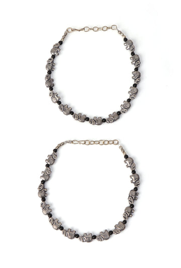 Elephant Charm Black Bead Anklet Set